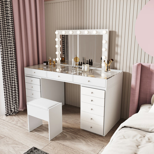 Glamour White Vanity Makeup Table with LED-Lit Mirror, 13 Drawers, Stool, and Glass Top