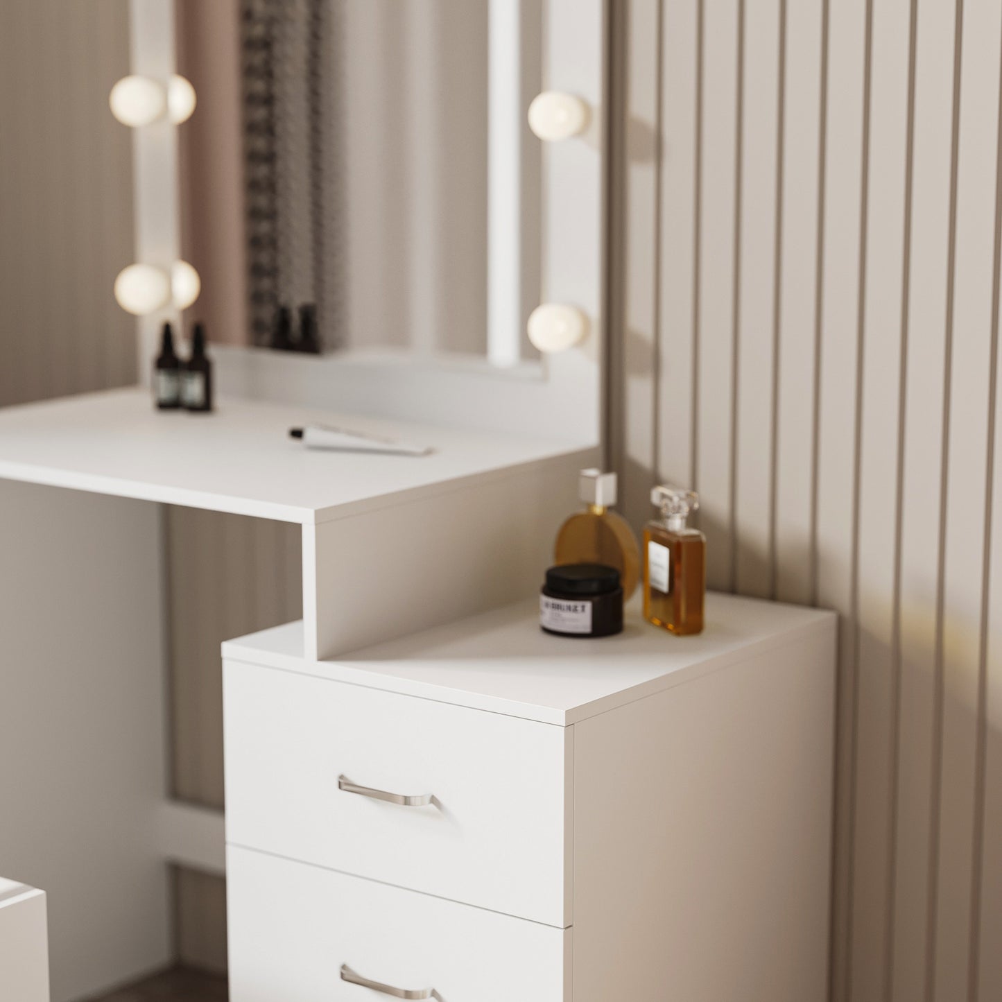 Luxurious Hollywood-Style White Vanity Makeup Table with LED Mirror