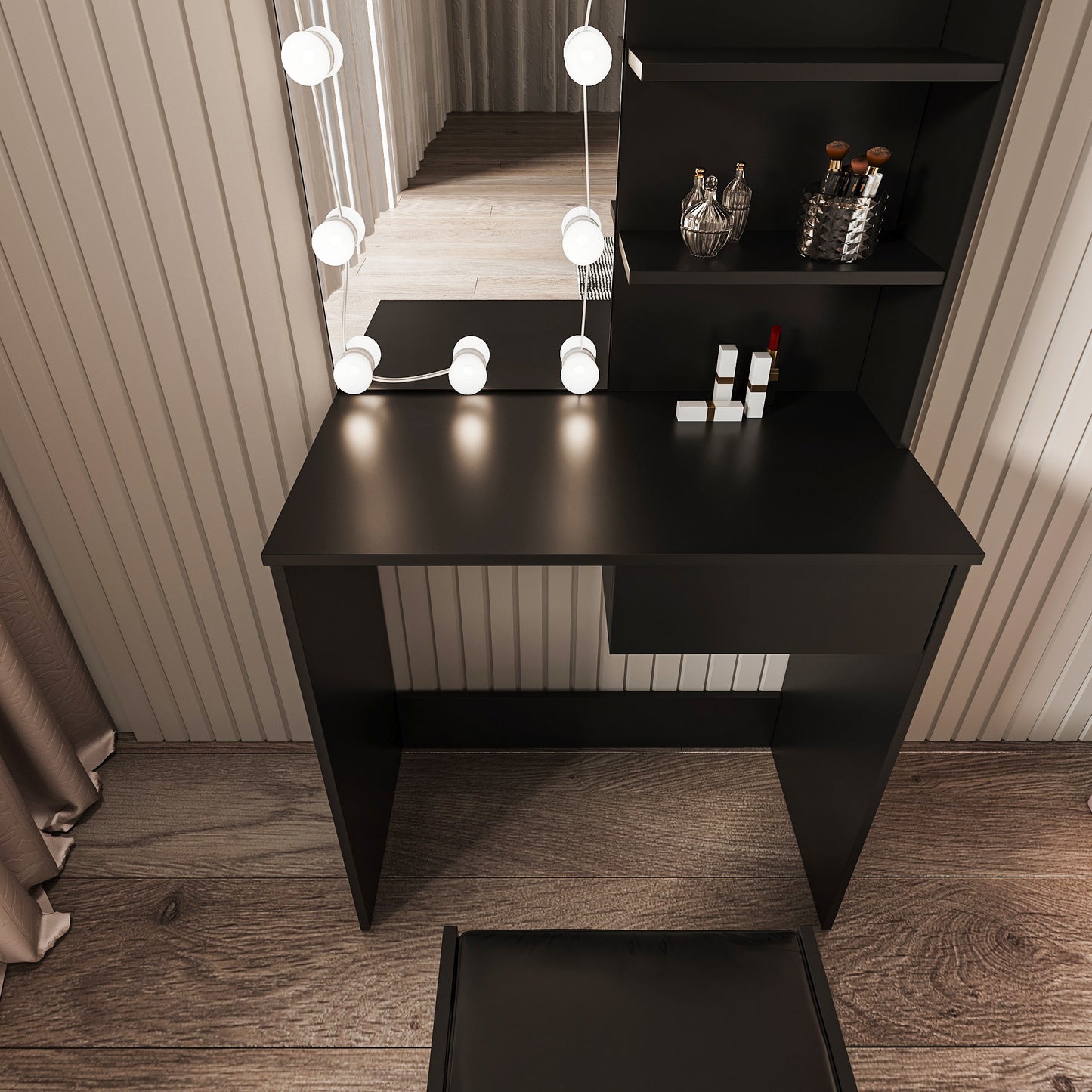 Stylish Black Makeup Vanity Table with LED Lights & Storage