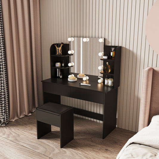 Contemporary Black Vanity Makeup Table With LED Lights and Stool