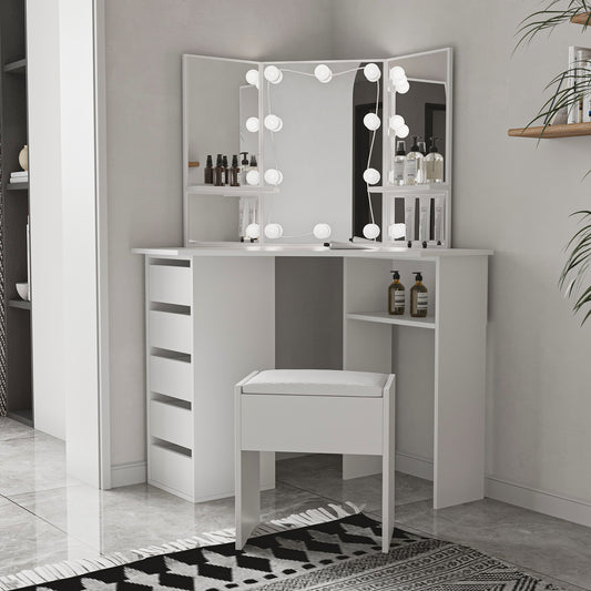 Chic White Corner Makeup Vanity Set With Stool And LED Lights