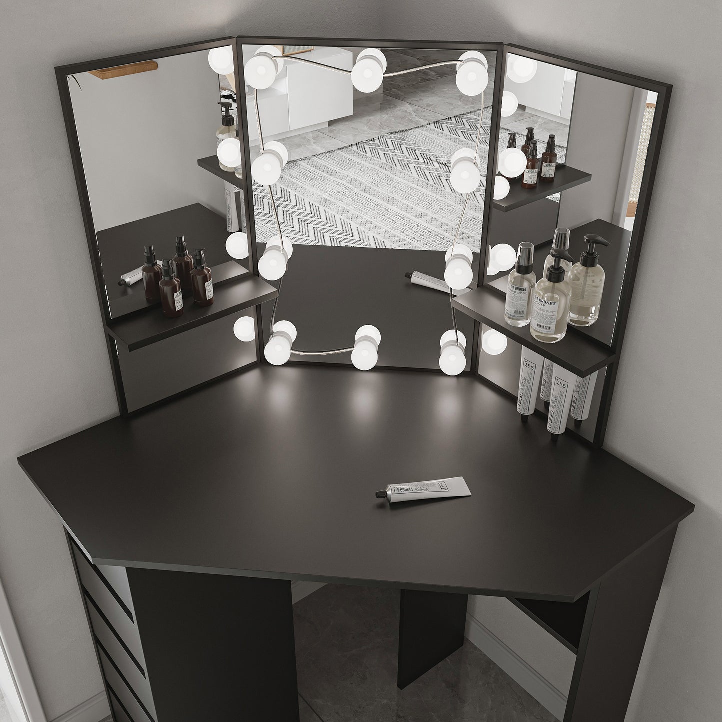 Elegant Black Corner Makeup Station With Stool And LED Lights