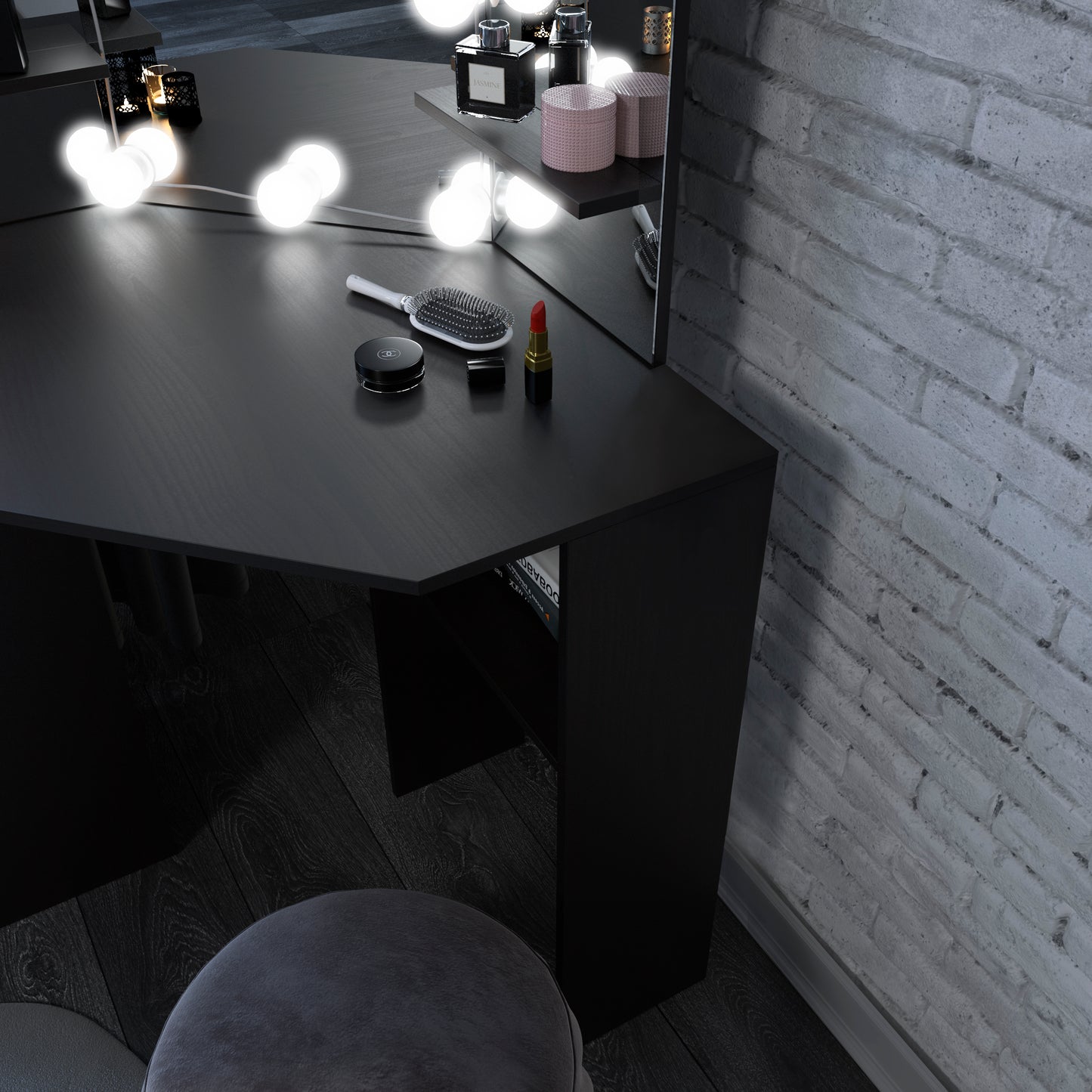Elegant Black Corner Makeup Station With Stool And LED Lights