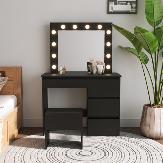 Hollywood Style Black Vanity Makeup Set With Stool And LED Lights