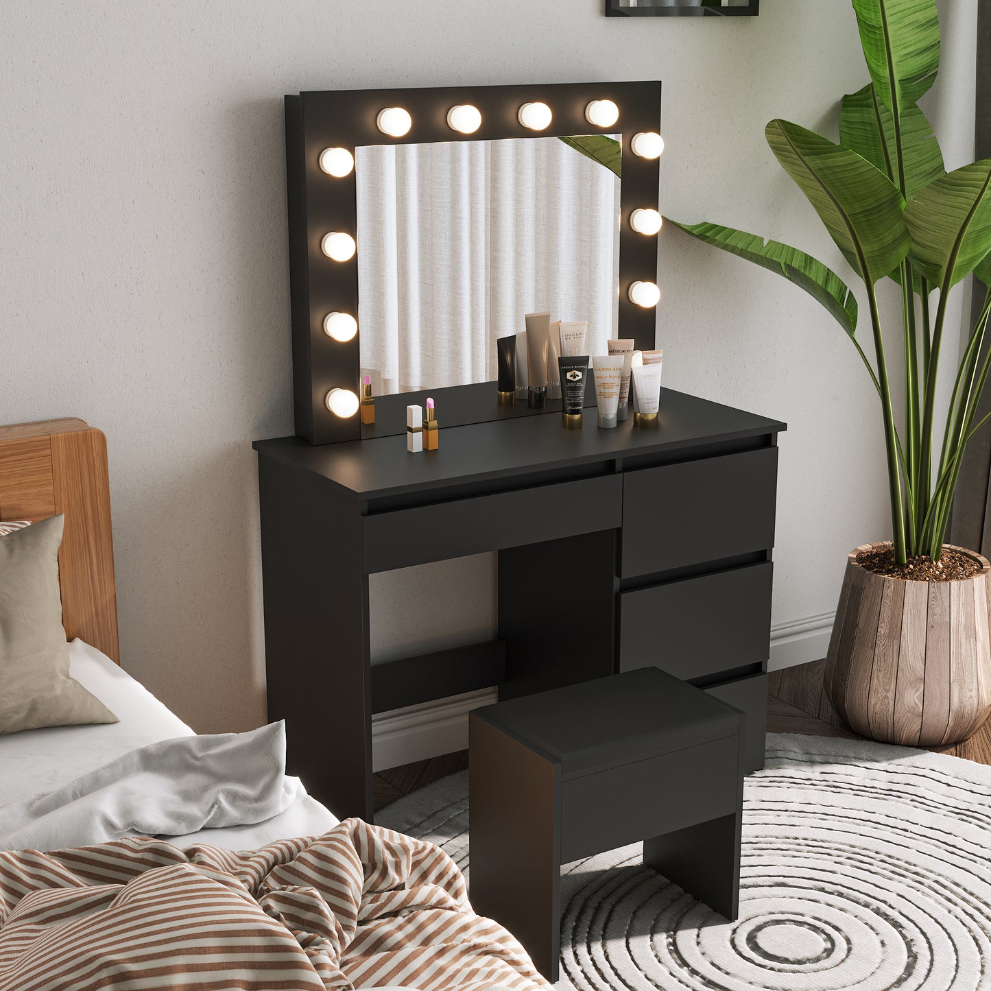 Hollywood Style Black Vanity Makeup Set With Stool And LED Lights