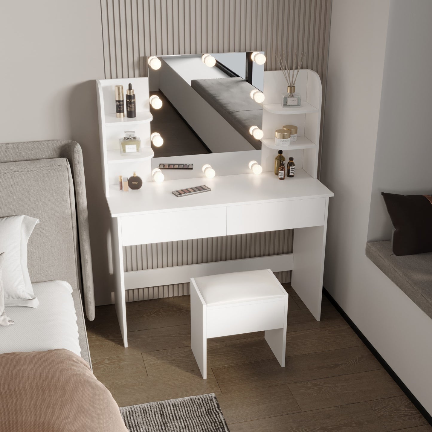 Contemporary Vanity Makeup Table With LED Lights and Stool