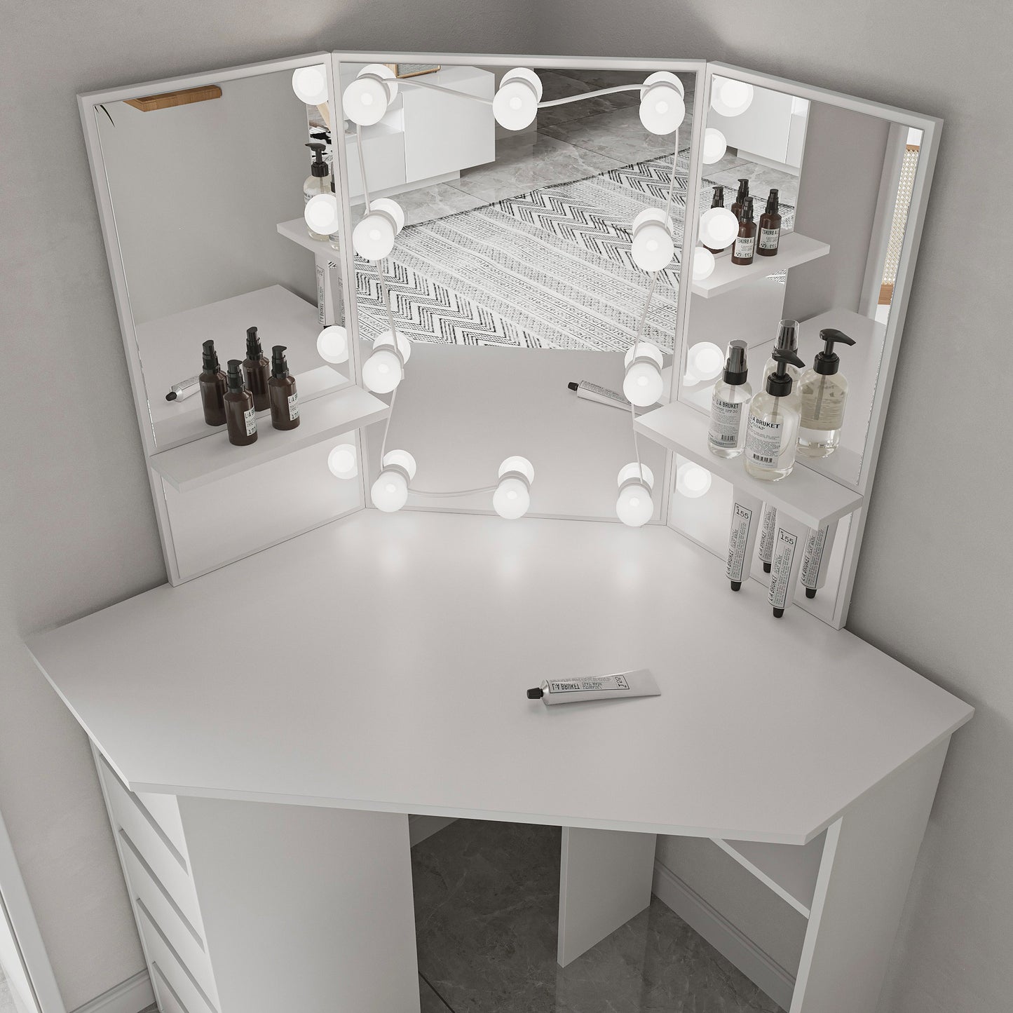 Chic White Corner Makeup Vanity Set With Stool And LED Lights